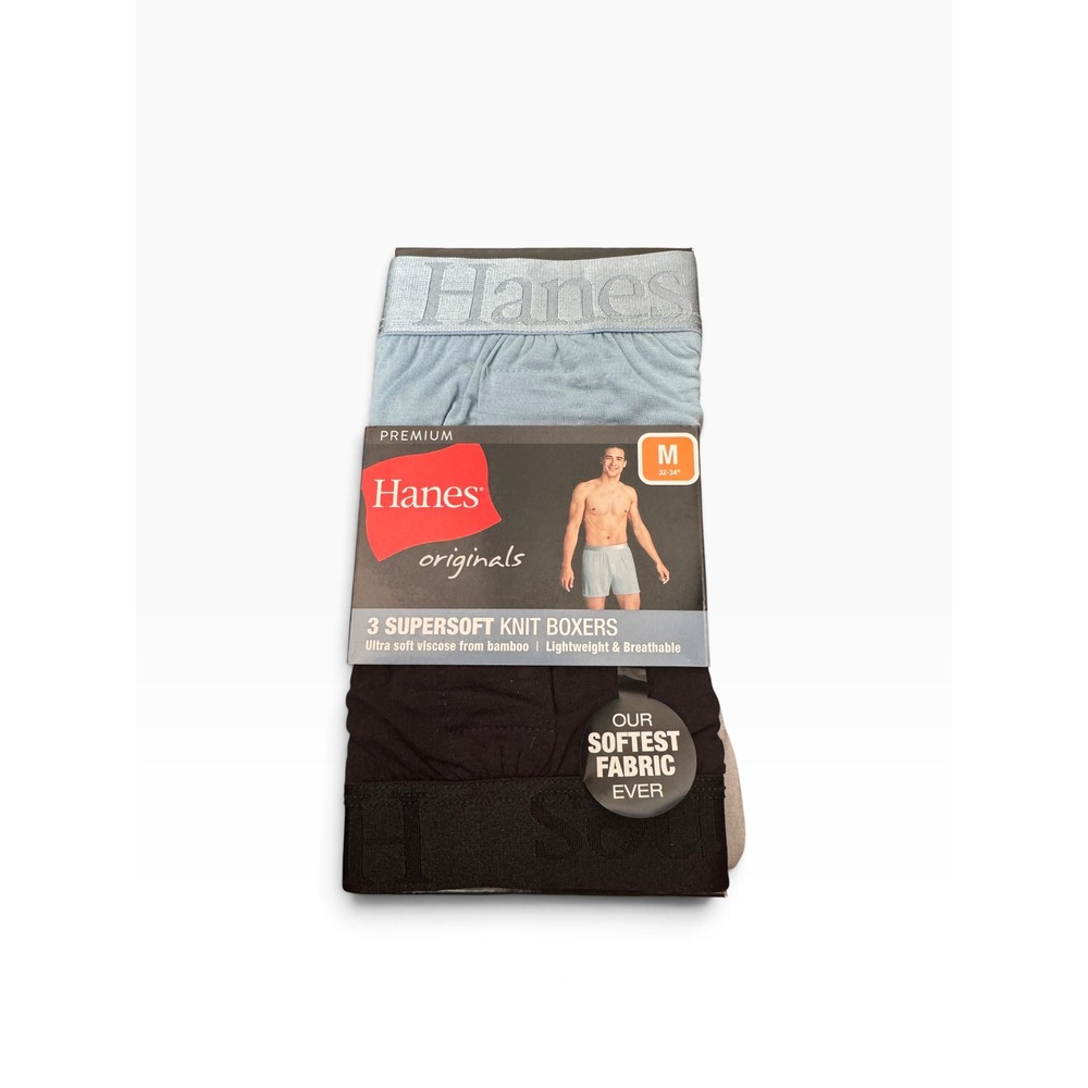 Hanes Originals Premium Supersoft Knit Boxers 3-Pack Blue Black Grey Medium M